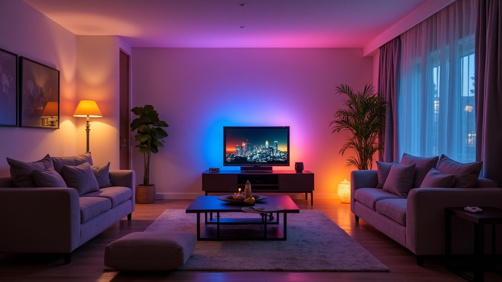 A modern living room illuminated with different color smart lights and automated lighting effects