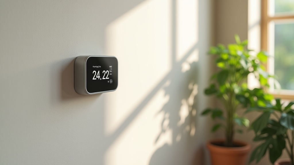 A modern living room with a wall-mounted smart thermostat, surrounded by green plants and sunlight streaming in from a window, showing a comfortable and eco-friendly home environment.
