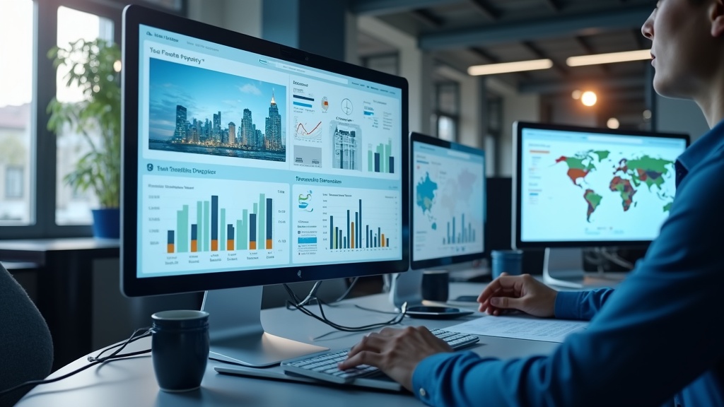 A modern office workspace with multiple screens displaying real estate software dashboards and property maps.