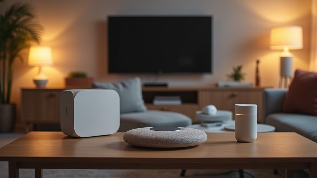 A modern smart home setup with a smart speaker hub, lights, and connected devices
