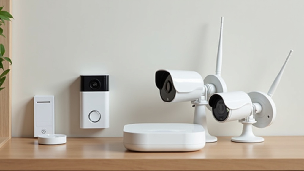 A tidy smart home security setup featuring a video doorbell, wireless cameras, door sensors, and a central control hub on a simple modern table.