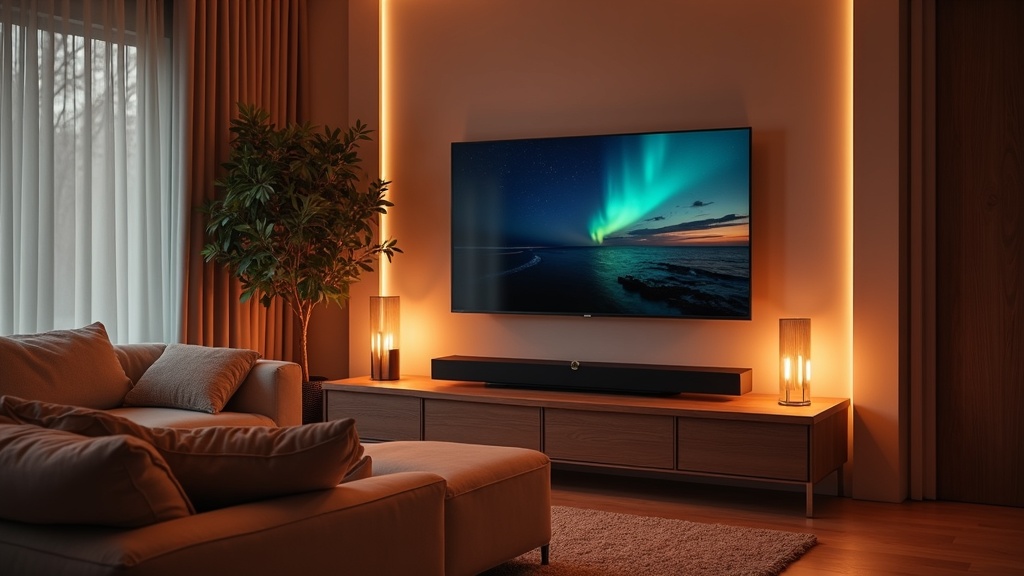 Modern living room setup with a large smart TV, soundbar, smart speaker, and subtle LED lighting—all seamlessly integrated for a cozy atmosphere.