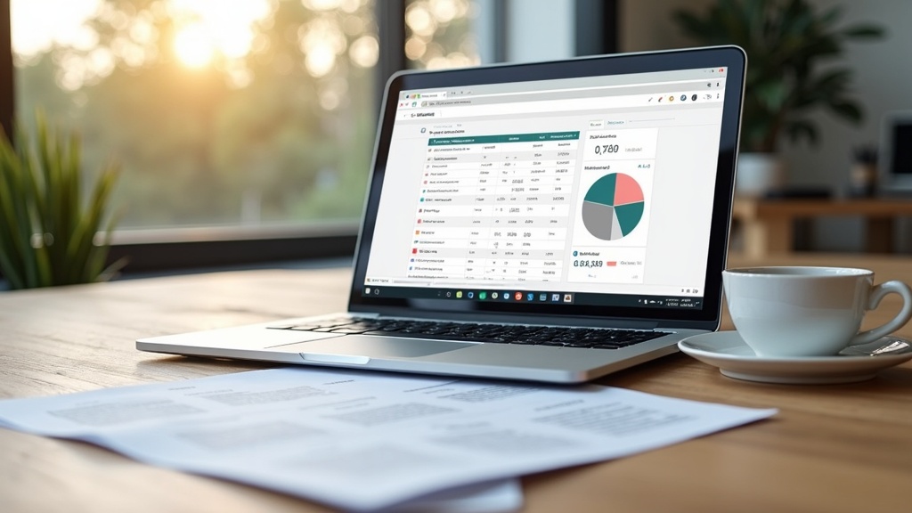 Real estate agent using transaction management software on a laptop at a desk with papers and property documents.